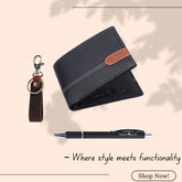 LONDON ALLEY Ash Classic Black Leather Wallet, Keyring & Pen Combo Gift Hamper for Men